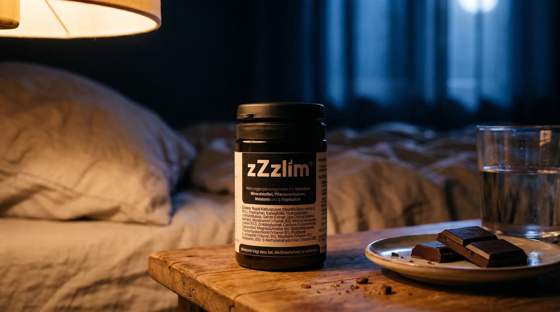 zZzlim Night Complex auf dem Nachttisch neben dunkler Schokolade und einem Glas Wasser, abends bei warmem Lampenlicht